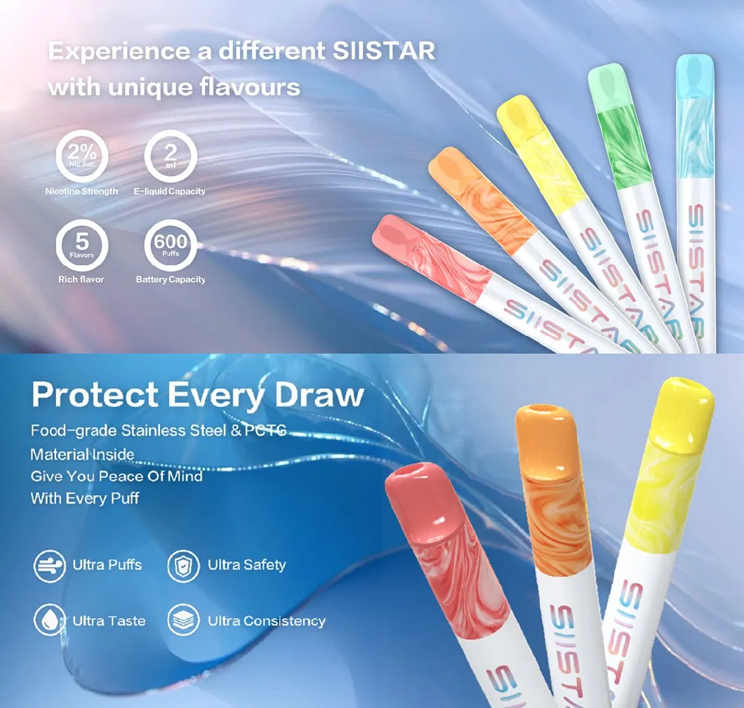 New Design Free Sample Siistar 600 Puff Repleaceable Cartridge with Rechargeable Battery Part